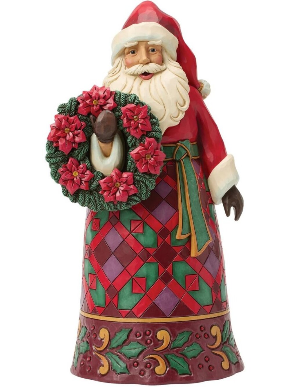 Charming Santa Figurine with Wreath & Poinsettia - 12.28 Inch Holiday Decor